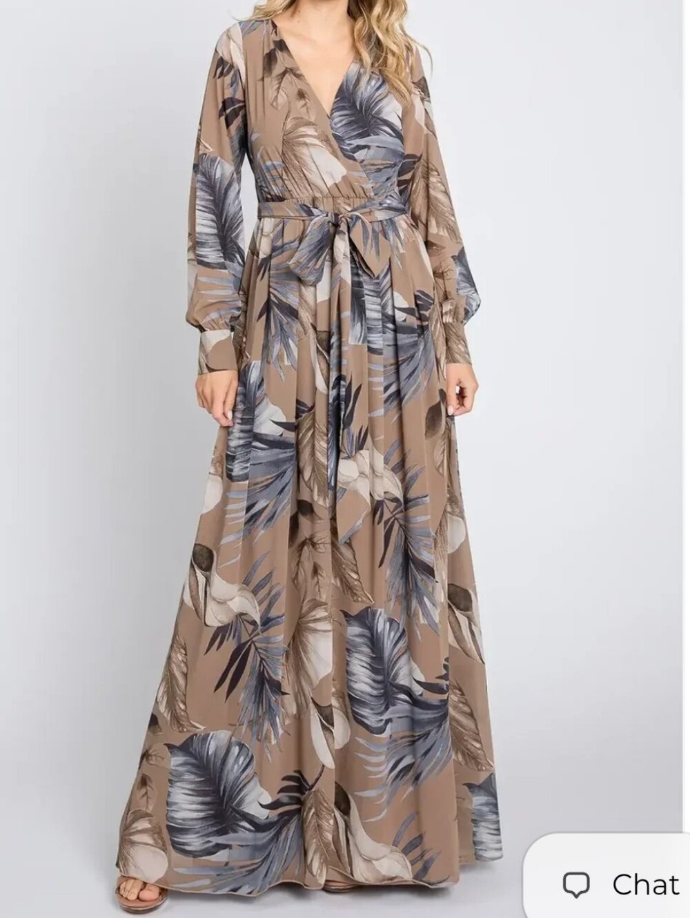 Neutral Taupe Floral Maxi Dress with Long Sleeves
